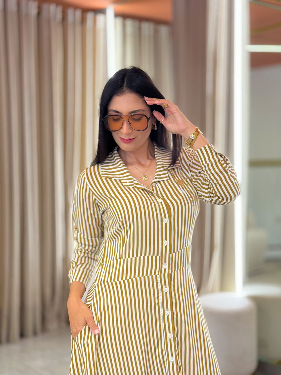 Vestido Aurora Mostarda E Branco