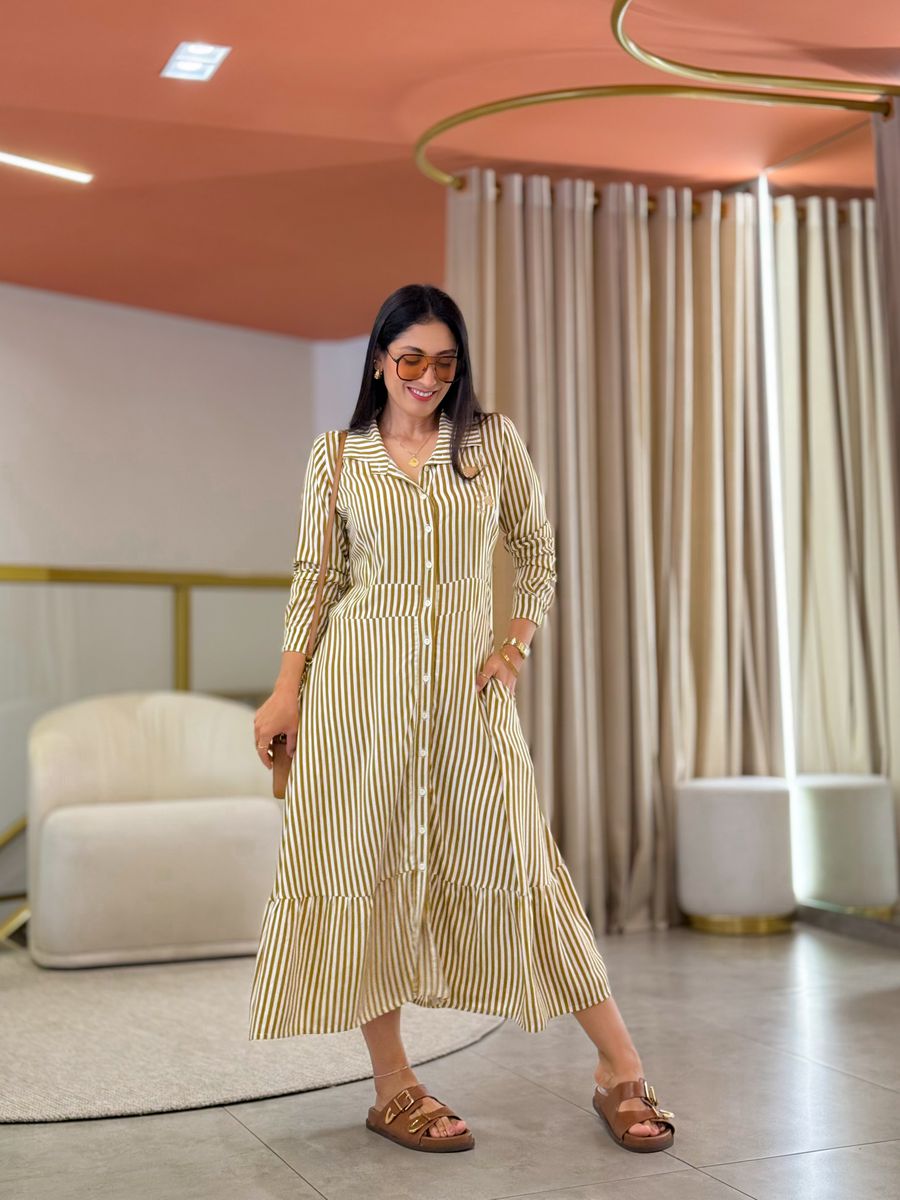 Vestido Aurora Mostarda E Branco