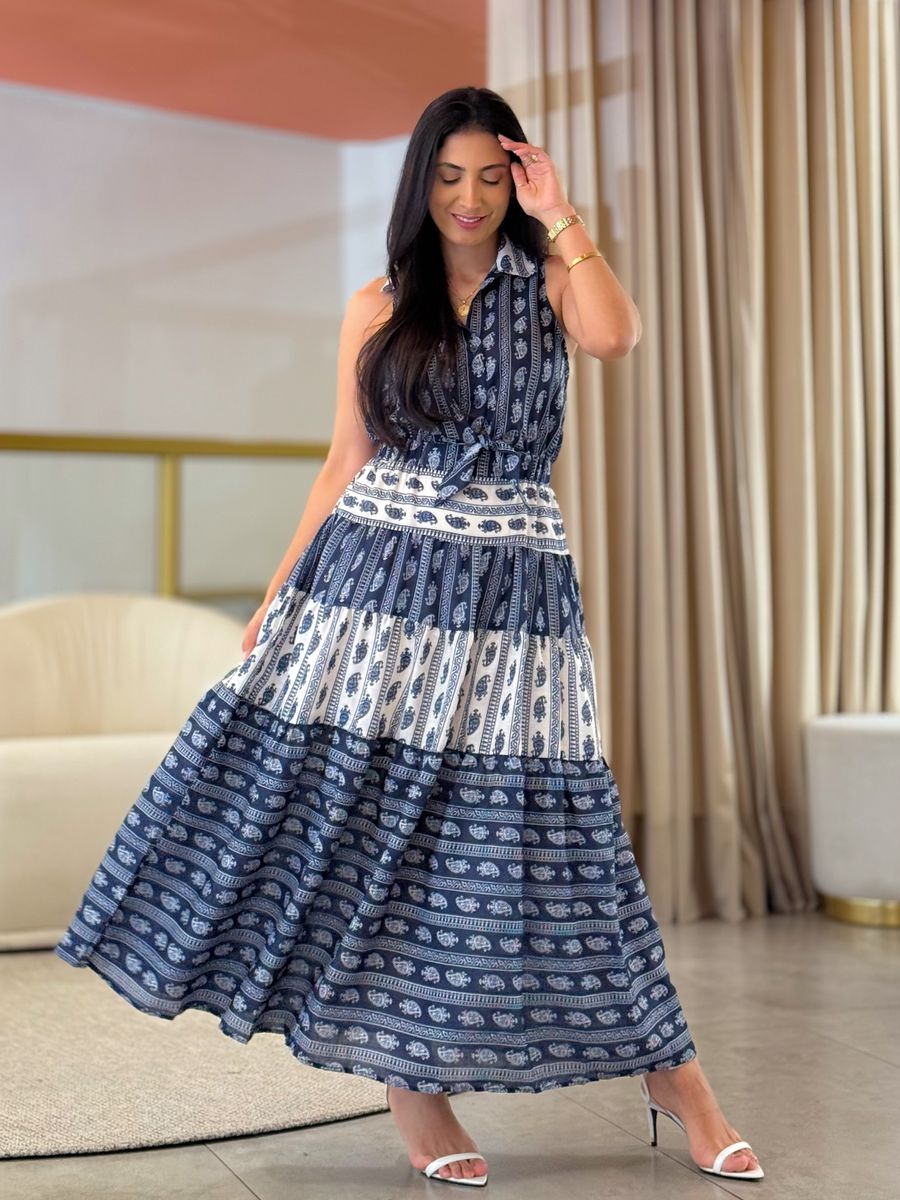 Vestido Flora Azul E Off White