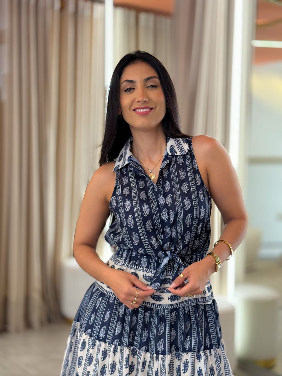 Vestido Flora Azul E Off White