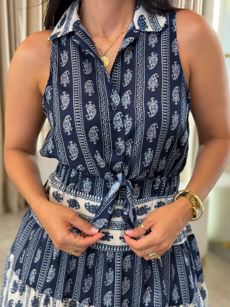 Vestido Flora Azul E Off White