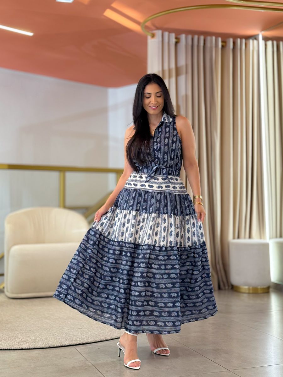 Vestido Flora Azul E Off White