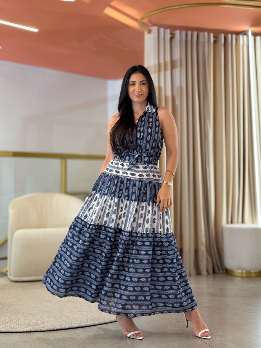 Vestido Flora Azul E Off White