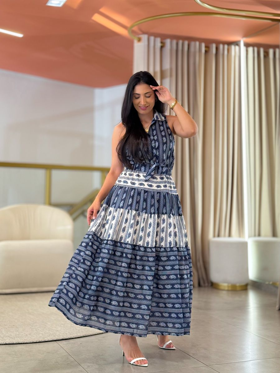 Vestido Flora Azul E Off White