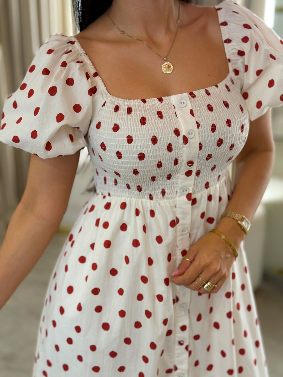 Vestido Emma Creme E Vermelho Poá