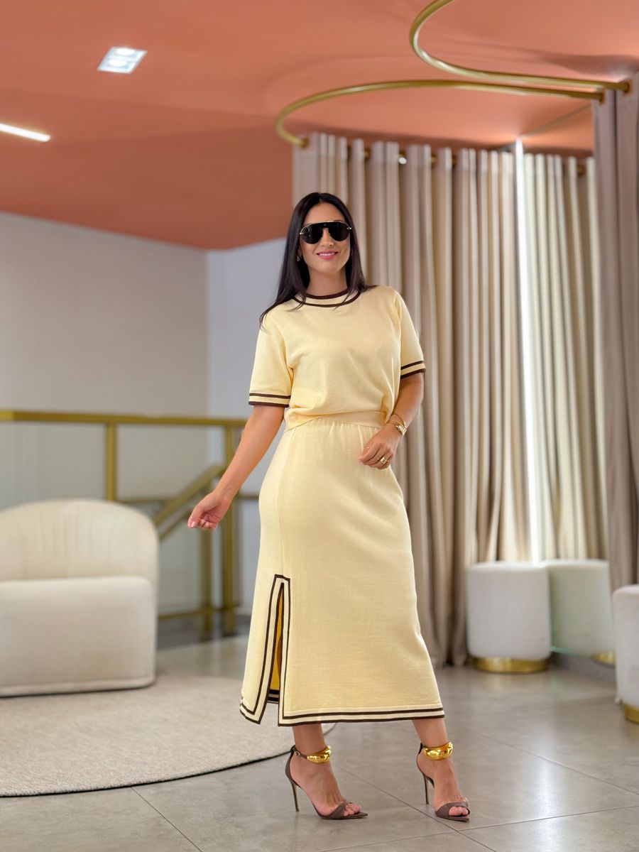 Conjunto Julia Tricot Amarelo e Marrom