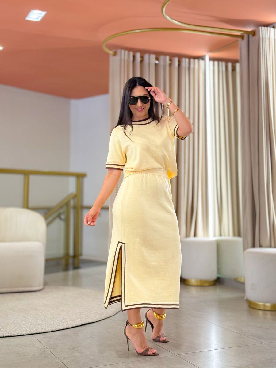 Conjunto Julia Tricot Amarelo e Marrom