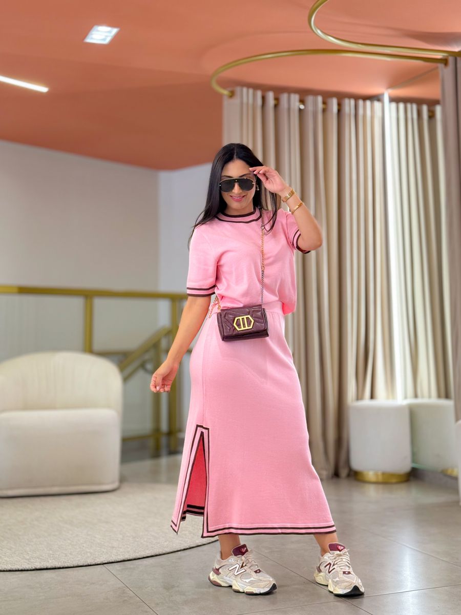 Conjunto Julia Tricot Rosa E Marrom