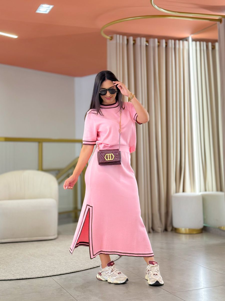 Conjunto Julia Tricot Rosa E Marrom