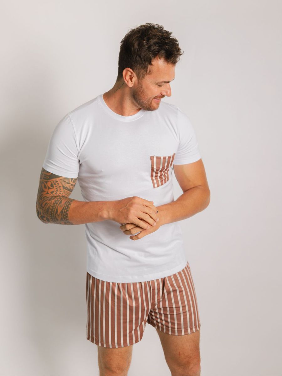 Pijama Masculino Curto Listrado Marrom