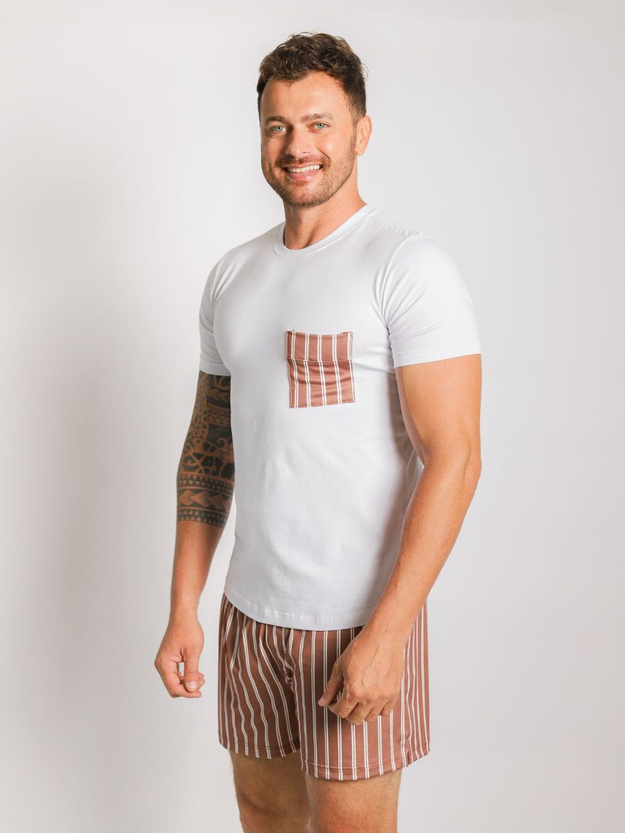 Pijama Masculino Curto Listrado Marrom