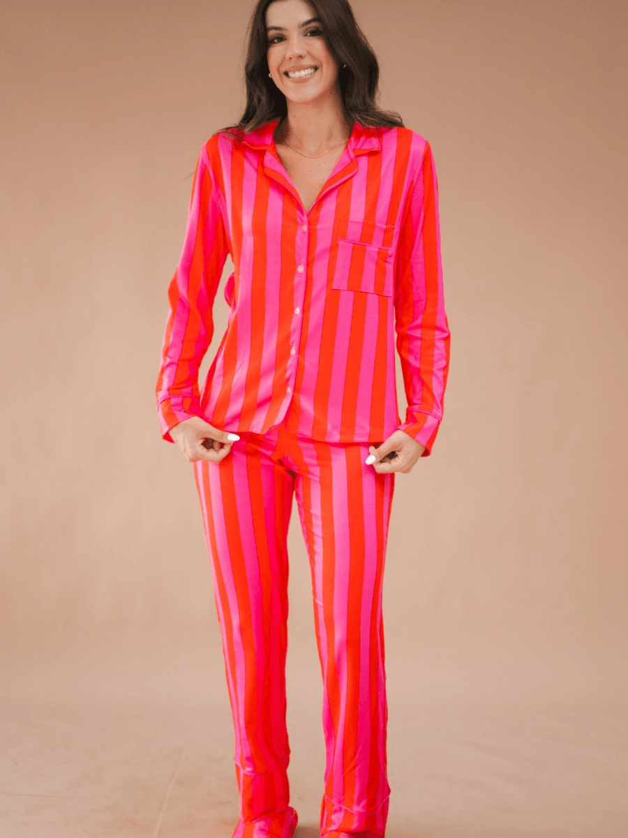 Pijama Feminino Americano Longo Listras Pink e Laranja