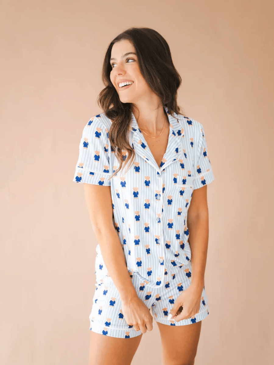 Pijama Feminino Americano Curto Agda Ursos Listras Azul