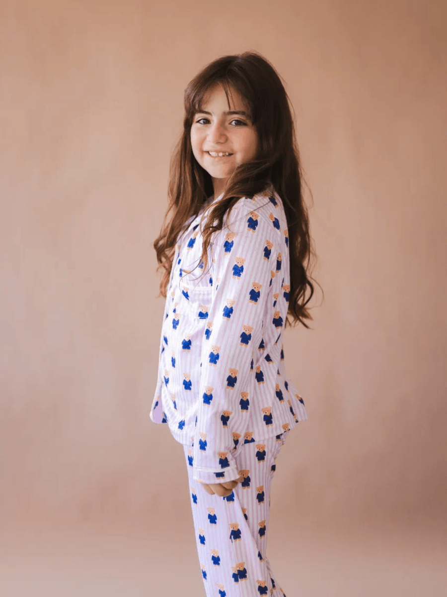 Pijama Infantil Americano Longo Urso Listras Rosa