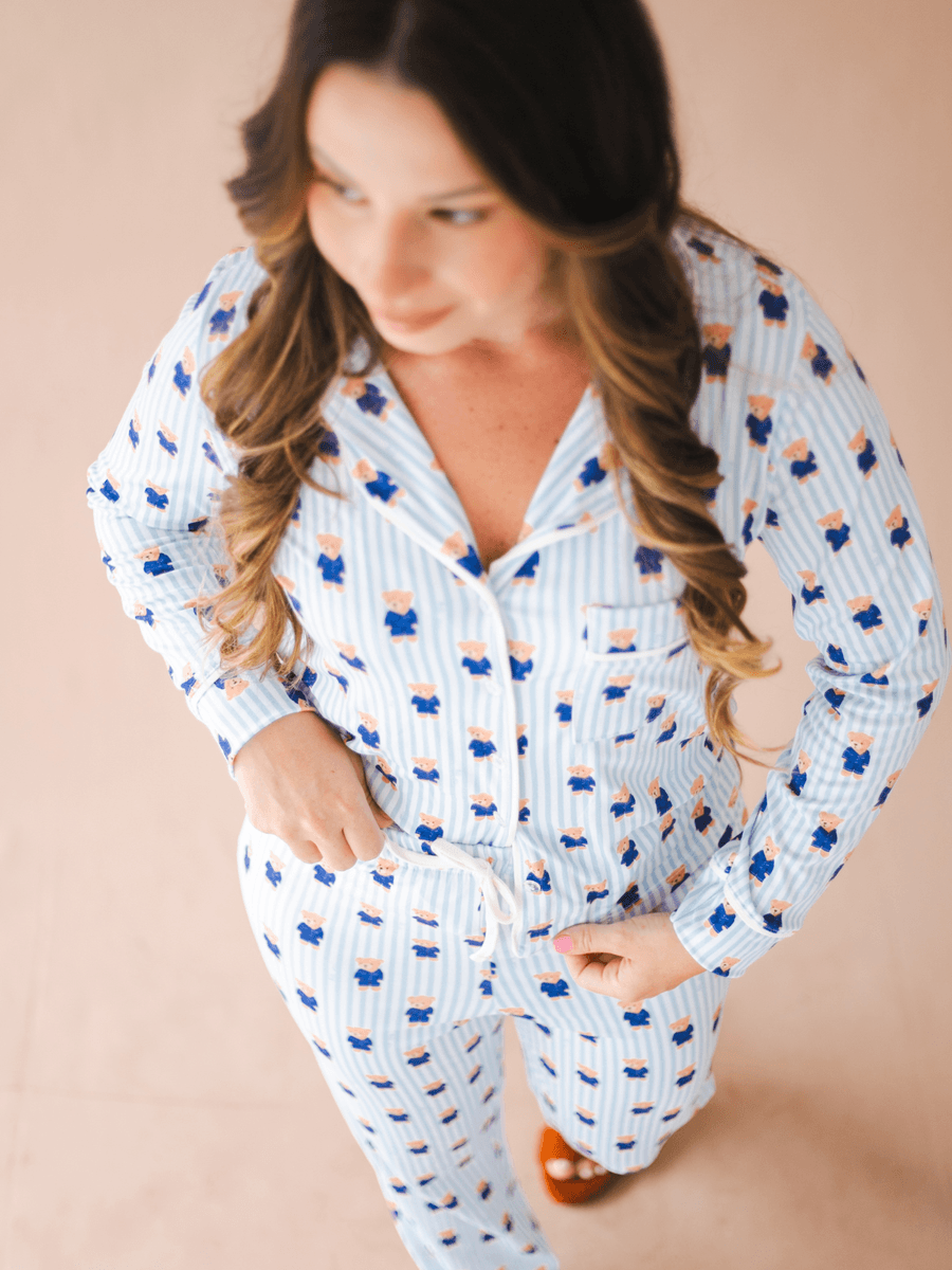 Pijama Feminino Americano Longo Aléxia Ursos Listras Azul