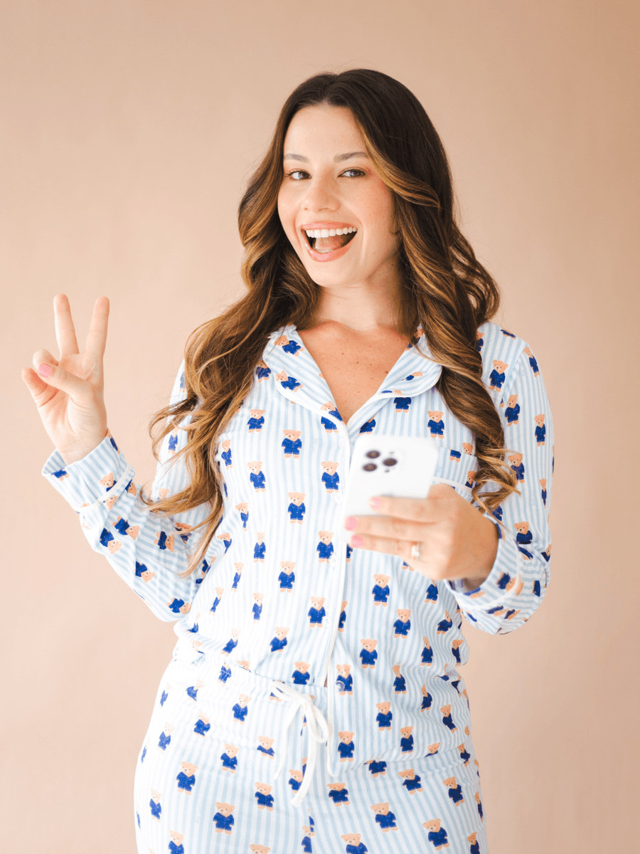 Pijama Feminino Americano Longo Aléxia Ursos Listras Azul