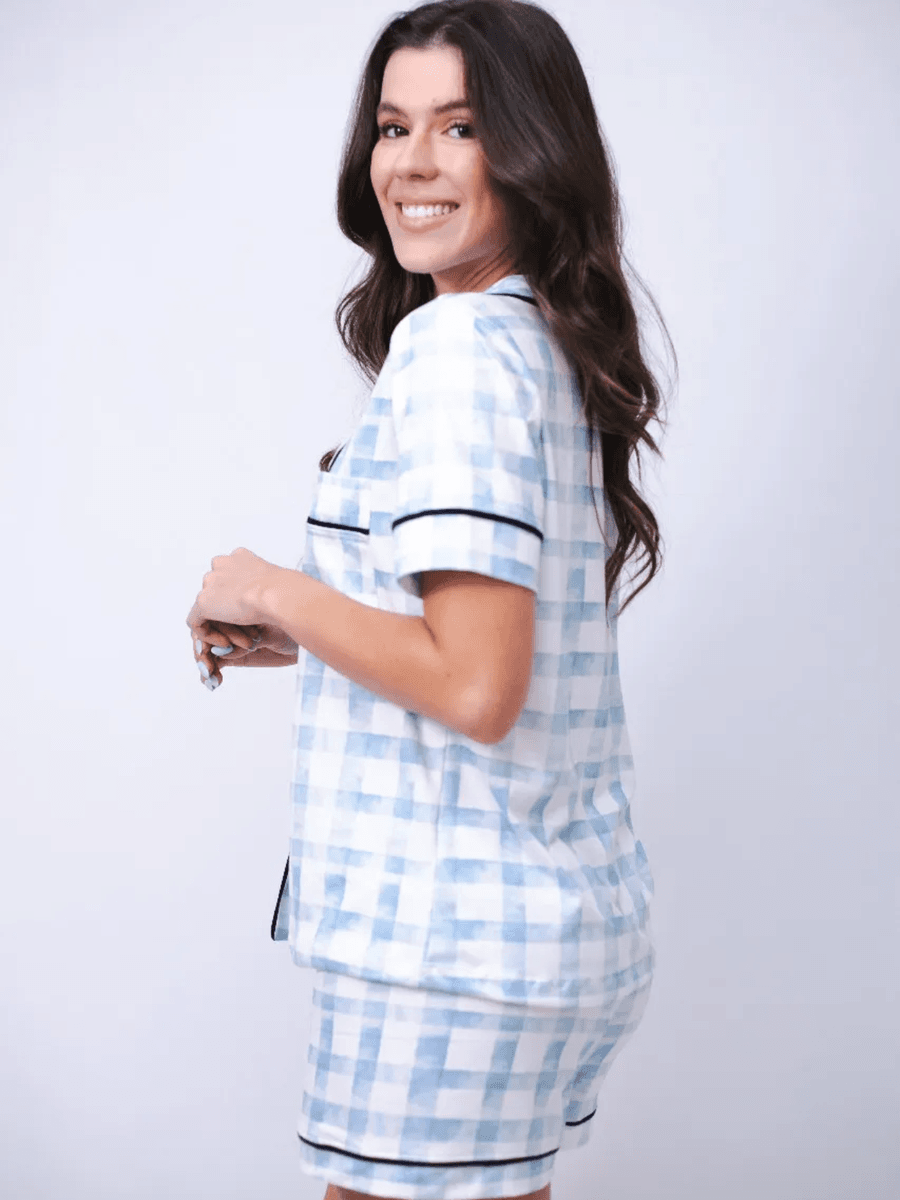 Pijama Feminino Americano Curto Agda Xadrez Azul