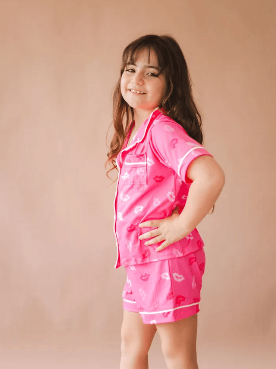 Pijama Americano Infantil Curto Bocas Rosa