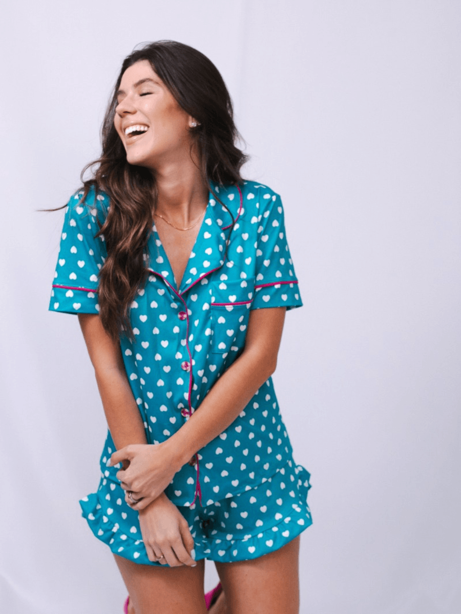 Pijama Feminino Americano Manga Curta Chiara Corações Verde Toque Modal