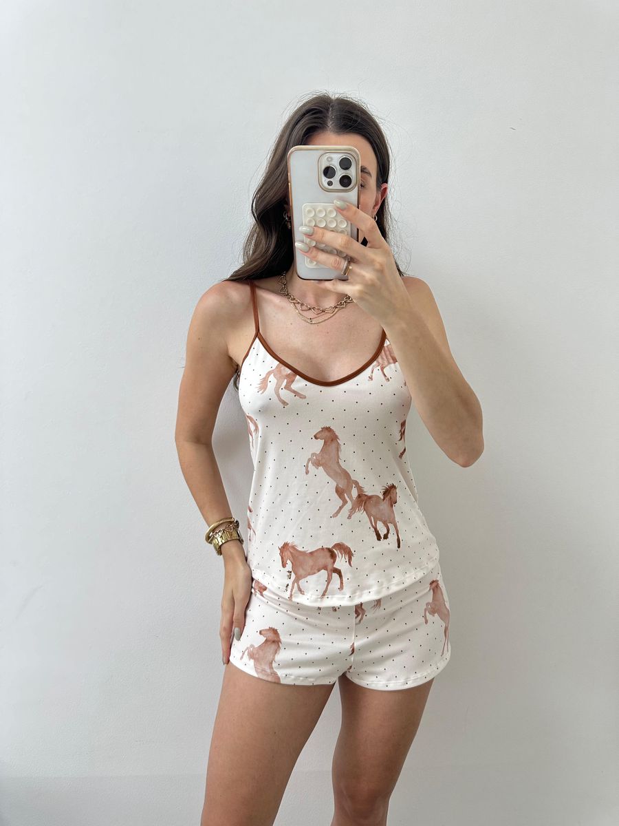 Pijama Curto Alcinha Marrom Cavalos