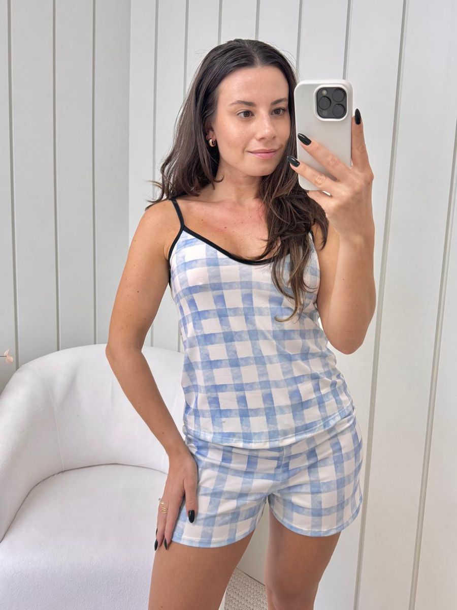 Pijama Feminino Curto Alcinha Xadrez Azul