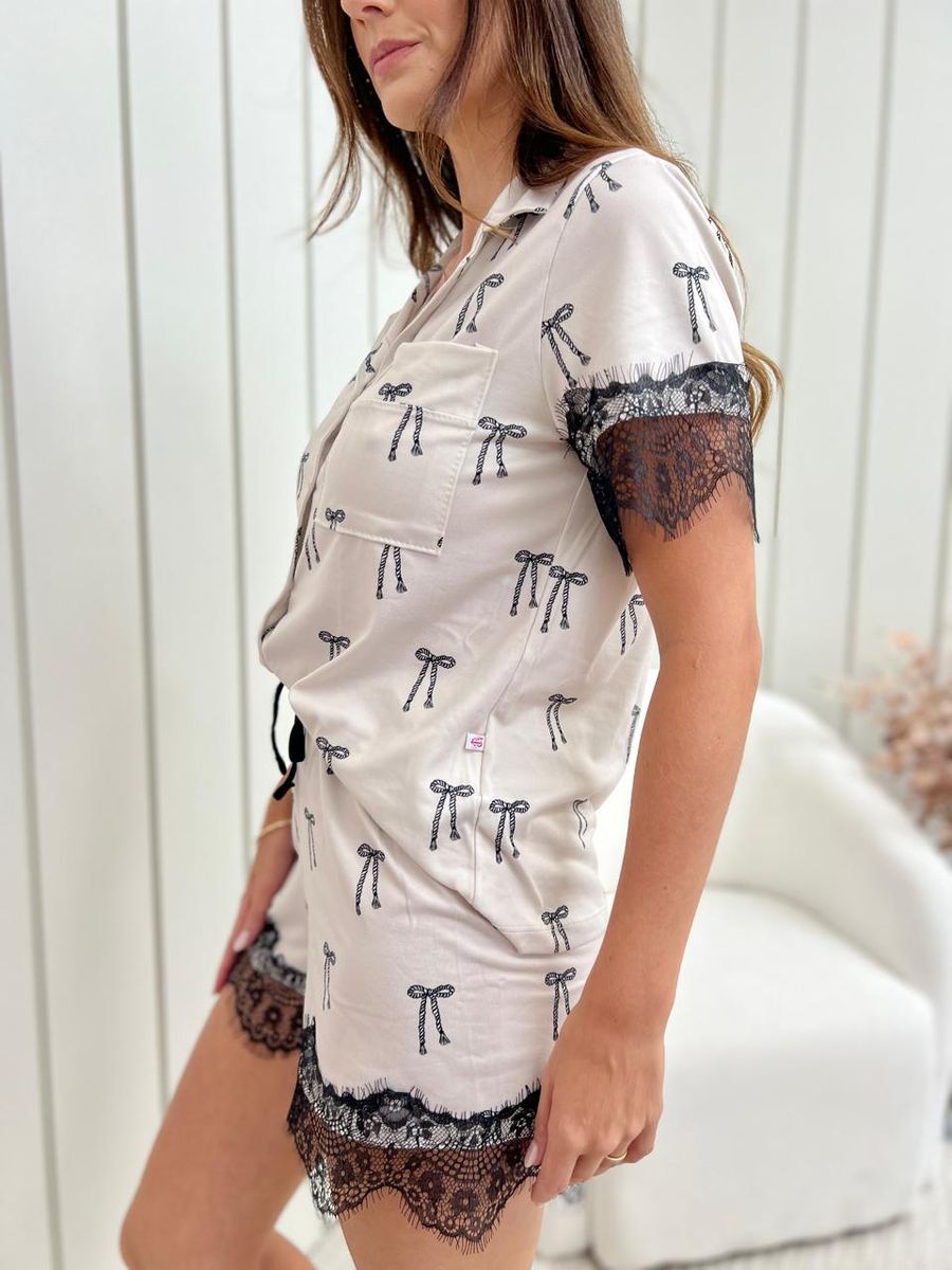 Pijama Feminino Americano Curto Laços Com Renda
