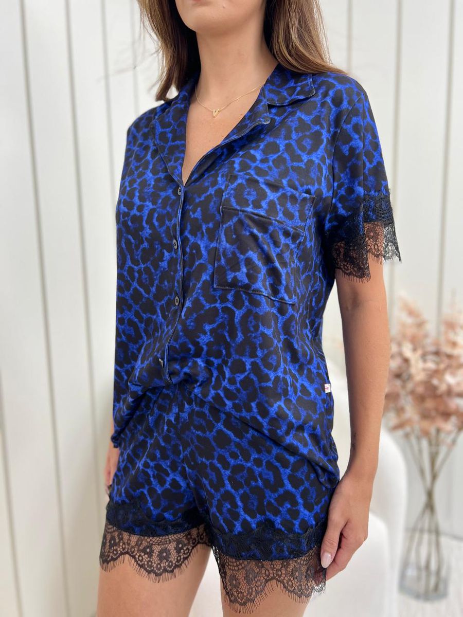 Pijama Feminino Americano Curto Onça Azul