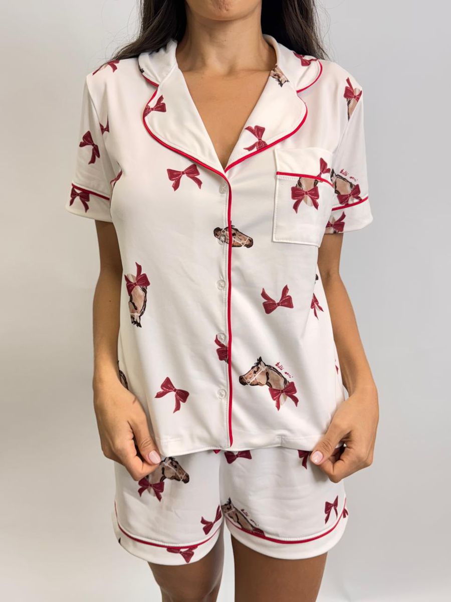 Pijama Feminino Americano Curto Cavalos Laços