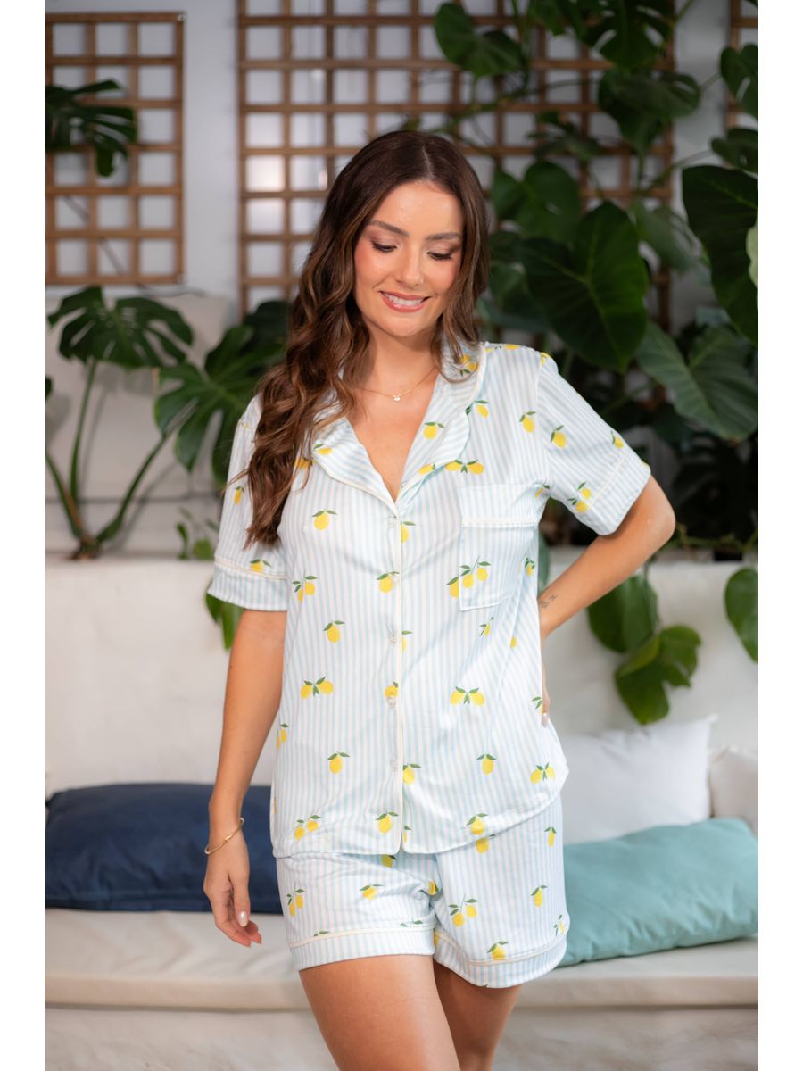 Pijama Feminino Americano Curto Listrado Limão