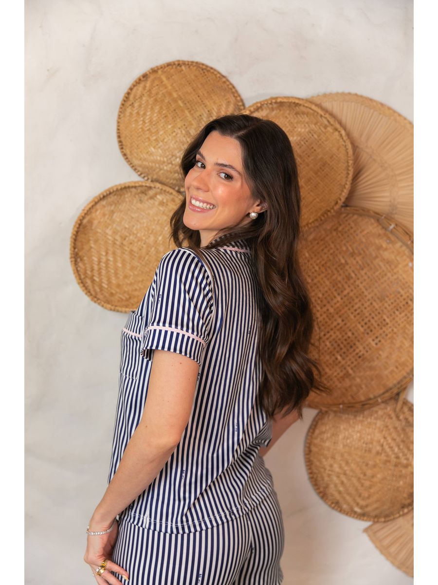 Pijama Feminino Americano Curto Listrado Marinho