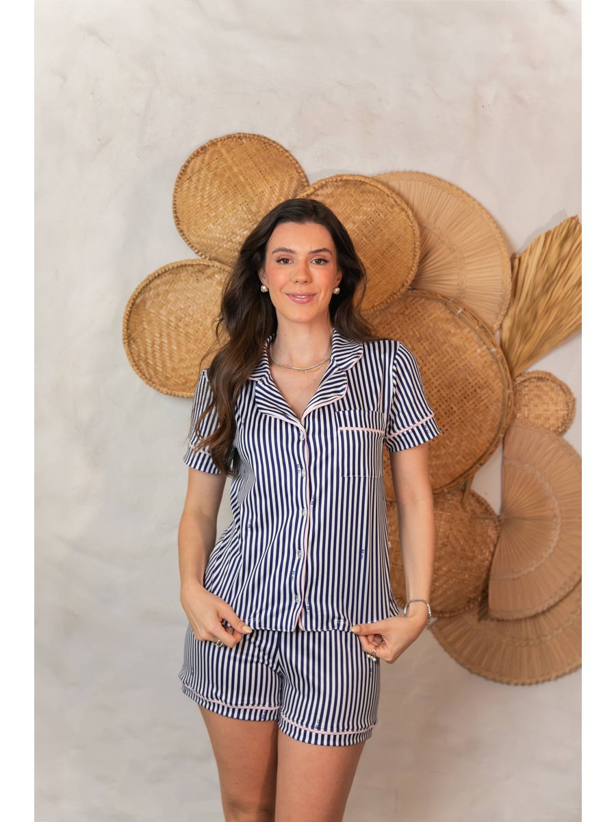 Pijama Feminino Americano Curto Listrado Marinho