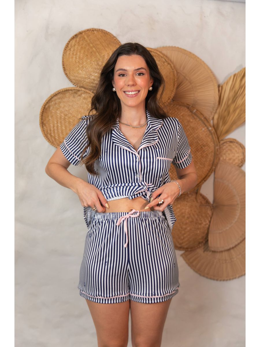 Pijama Feminino Americano Curto Listrado Marinho