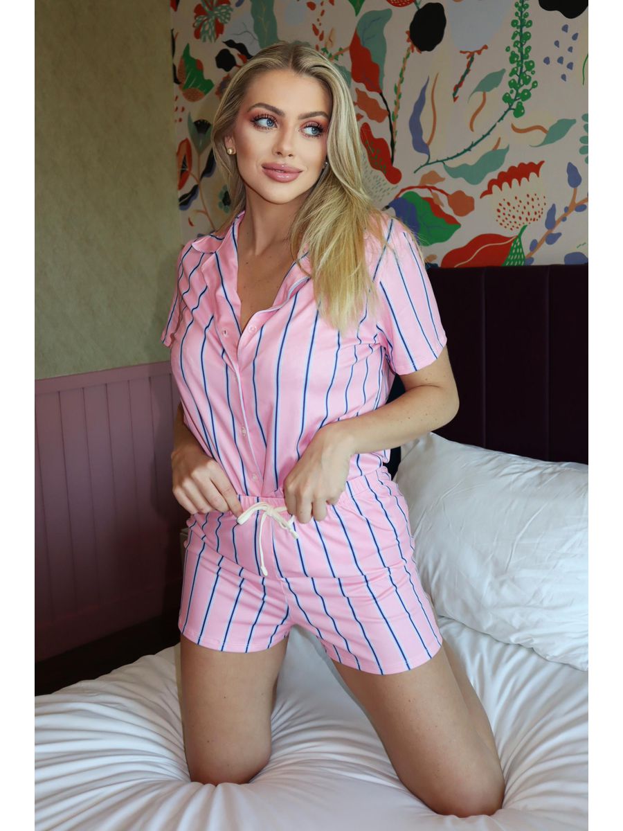 Pijama Feminino Americano Curto Listrado Rosa e Azul