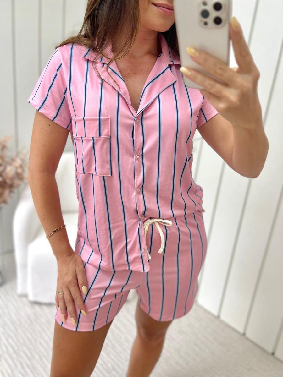 Pijama Feminino Americano Curto Listrado Rosa e Azul