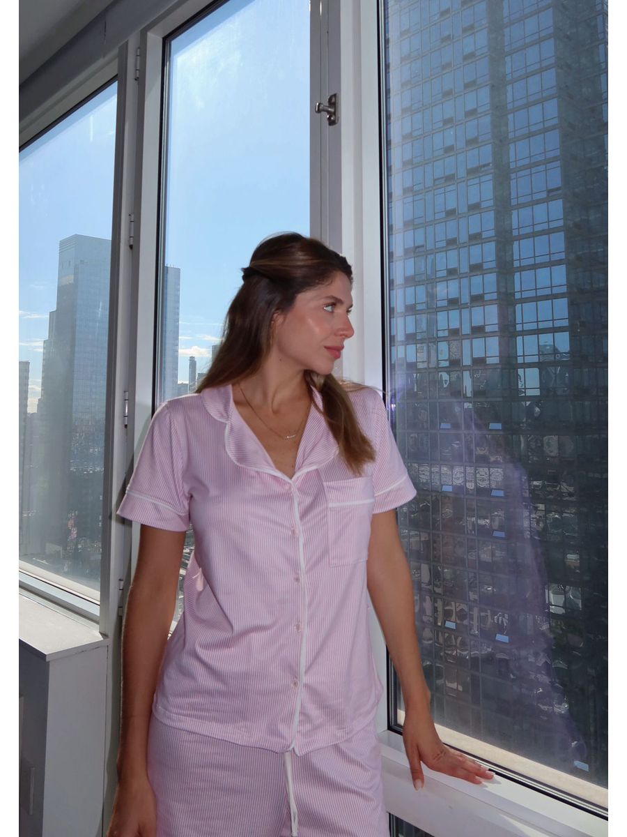 Pijama Feminino Americano Curto Listrado Rosa