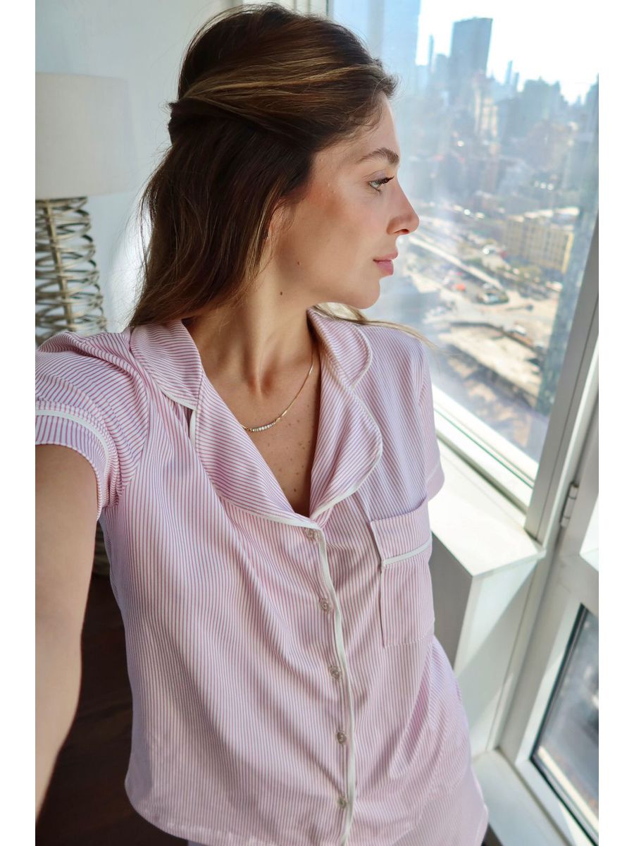 Pijama Feminino Americano Curto Listrado Rosa