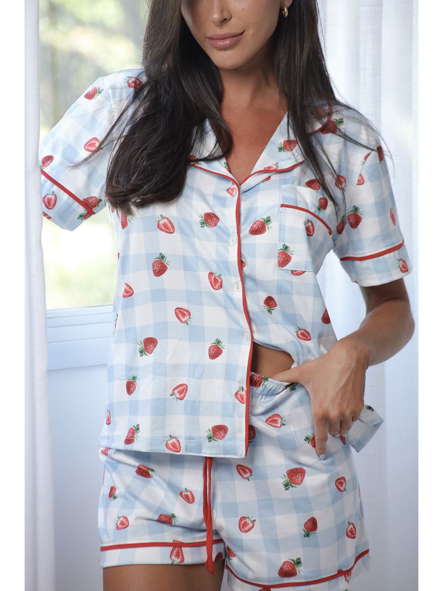 Pijama Feminino Americano Curto Morangos