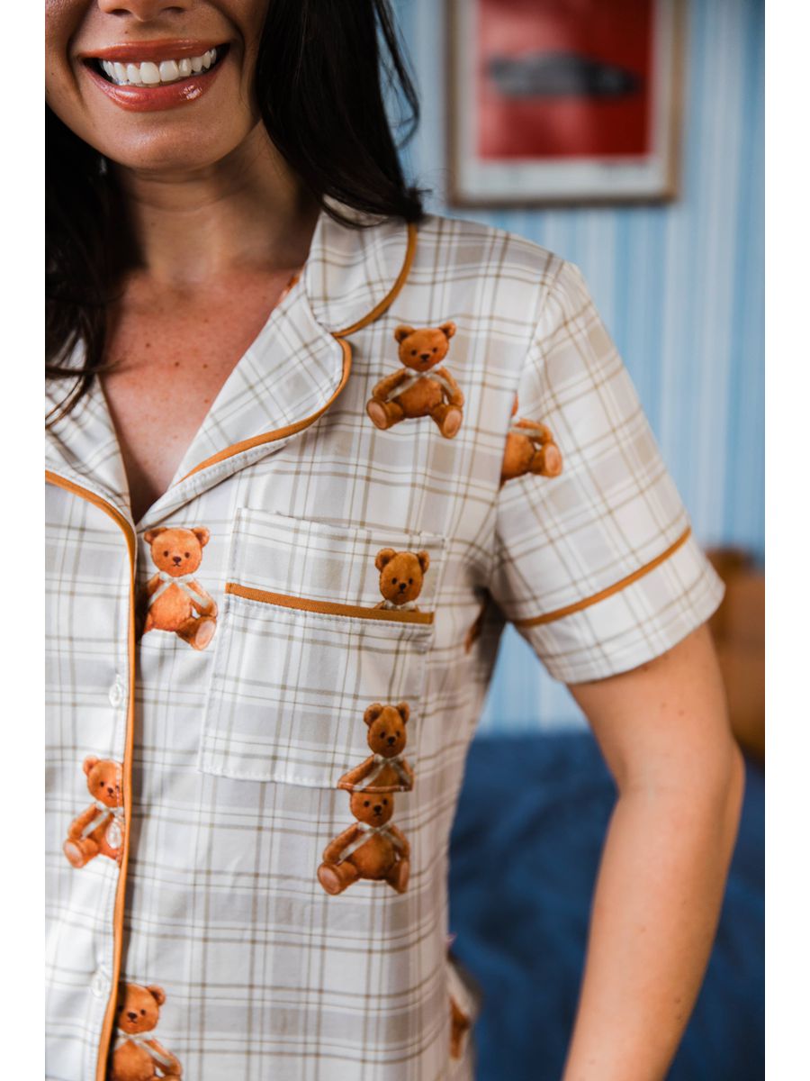 Pijama Feminino Americano Curto Ursos Xadrez