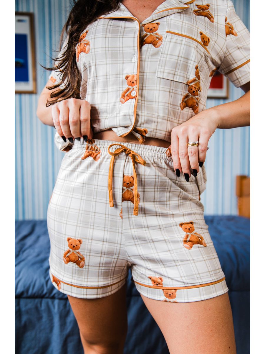 Pijama Feminino Americano Curto Ursos Xadrez