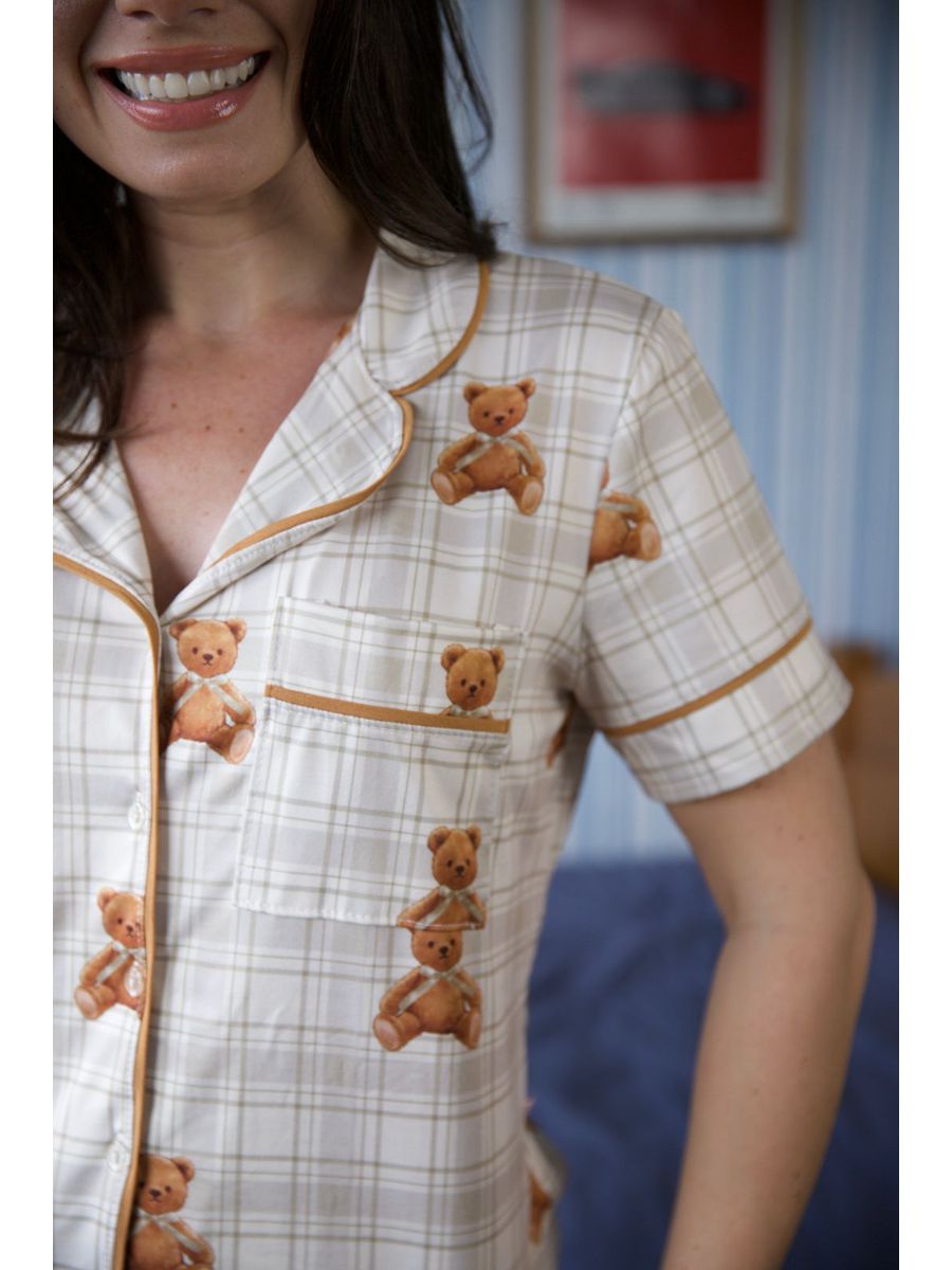 Pijama Feminino Americano Curto Ursos Xadrez