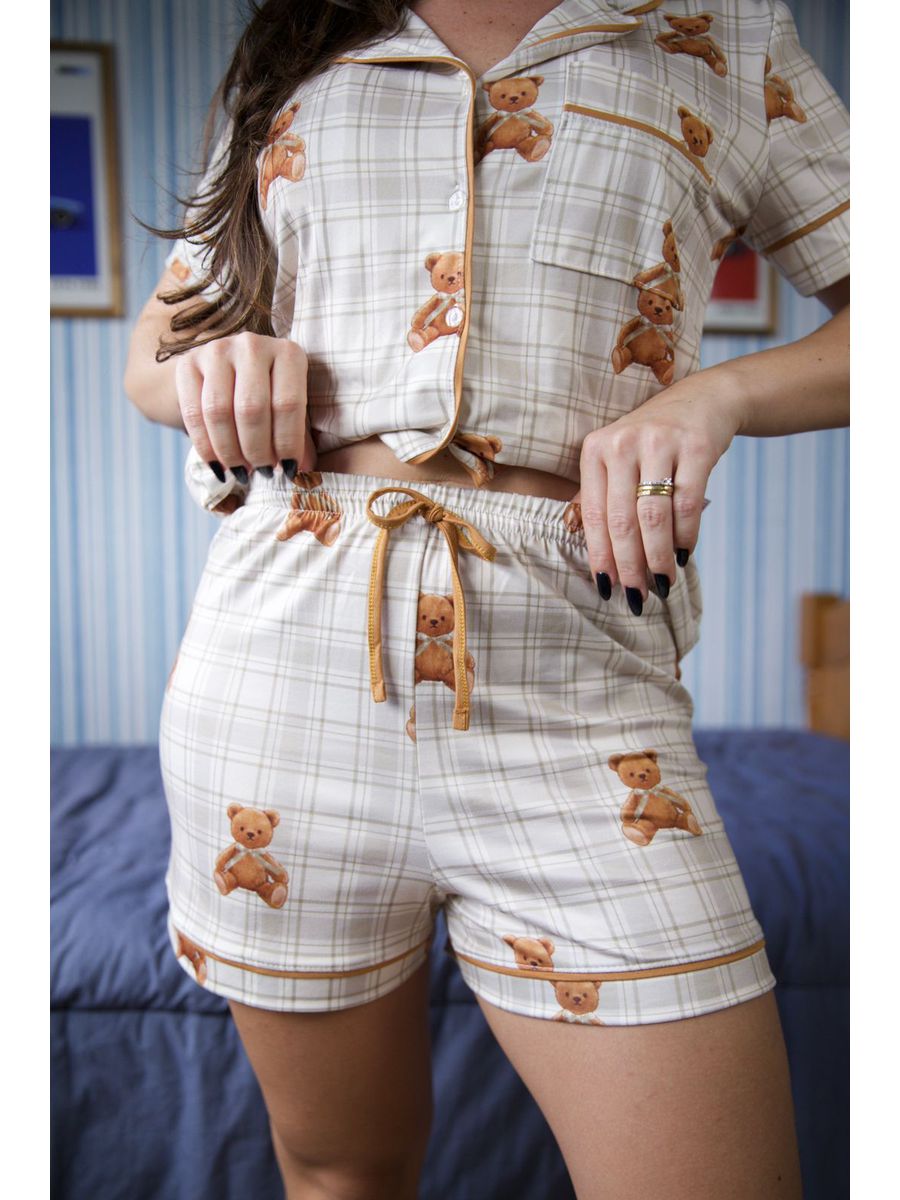 Pijama Feminino Americano Curto Ursos Xadrez