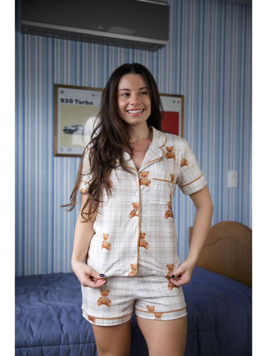 Pijama Feminino Americano Curto Ursos Xadrez