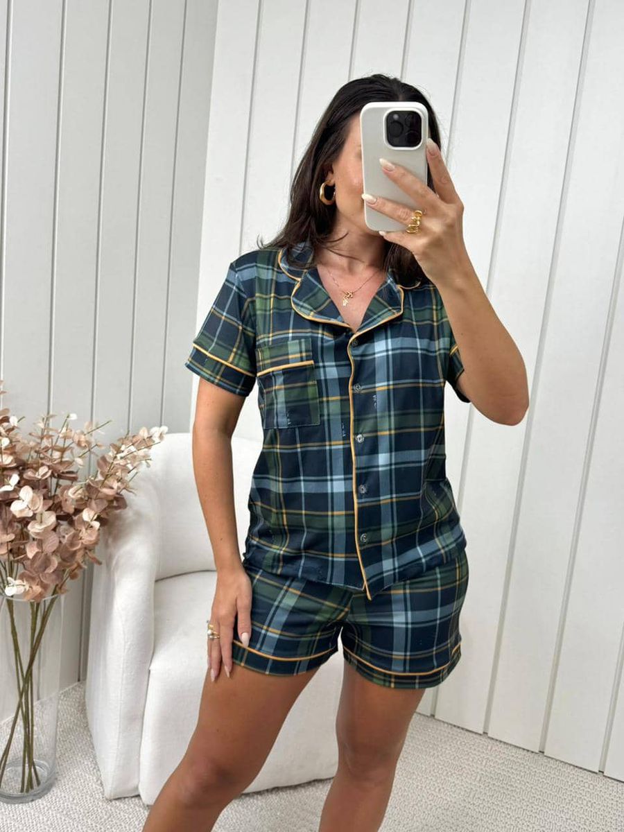 Pijama Feminino Americano Curto Xadrez Verde 3