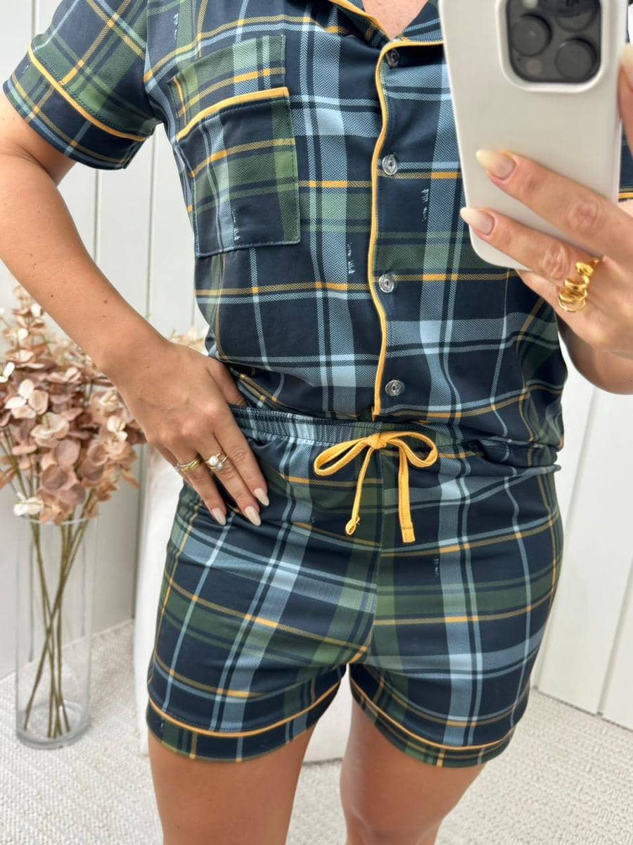 Pijama Feminino Americano Curto Xadrez Verde 4