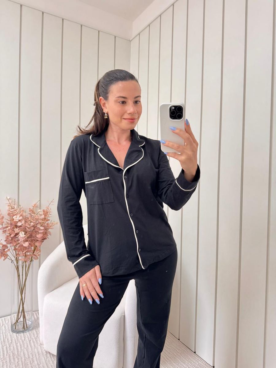 Pijama Feminino Americano Longo Algodão Preto
