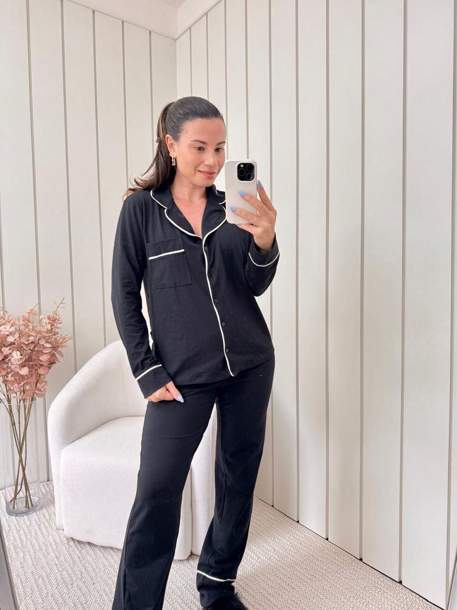 Pijama Feminino Americano Longo Algodão Preto
