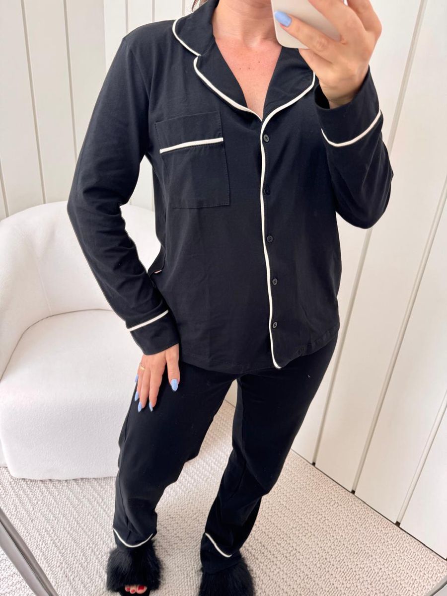Pijama Feminino Americano Longo Algodão Preto