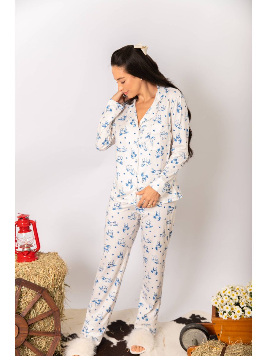 Pijama Feminino Americano Longo Cavalos Estrelas