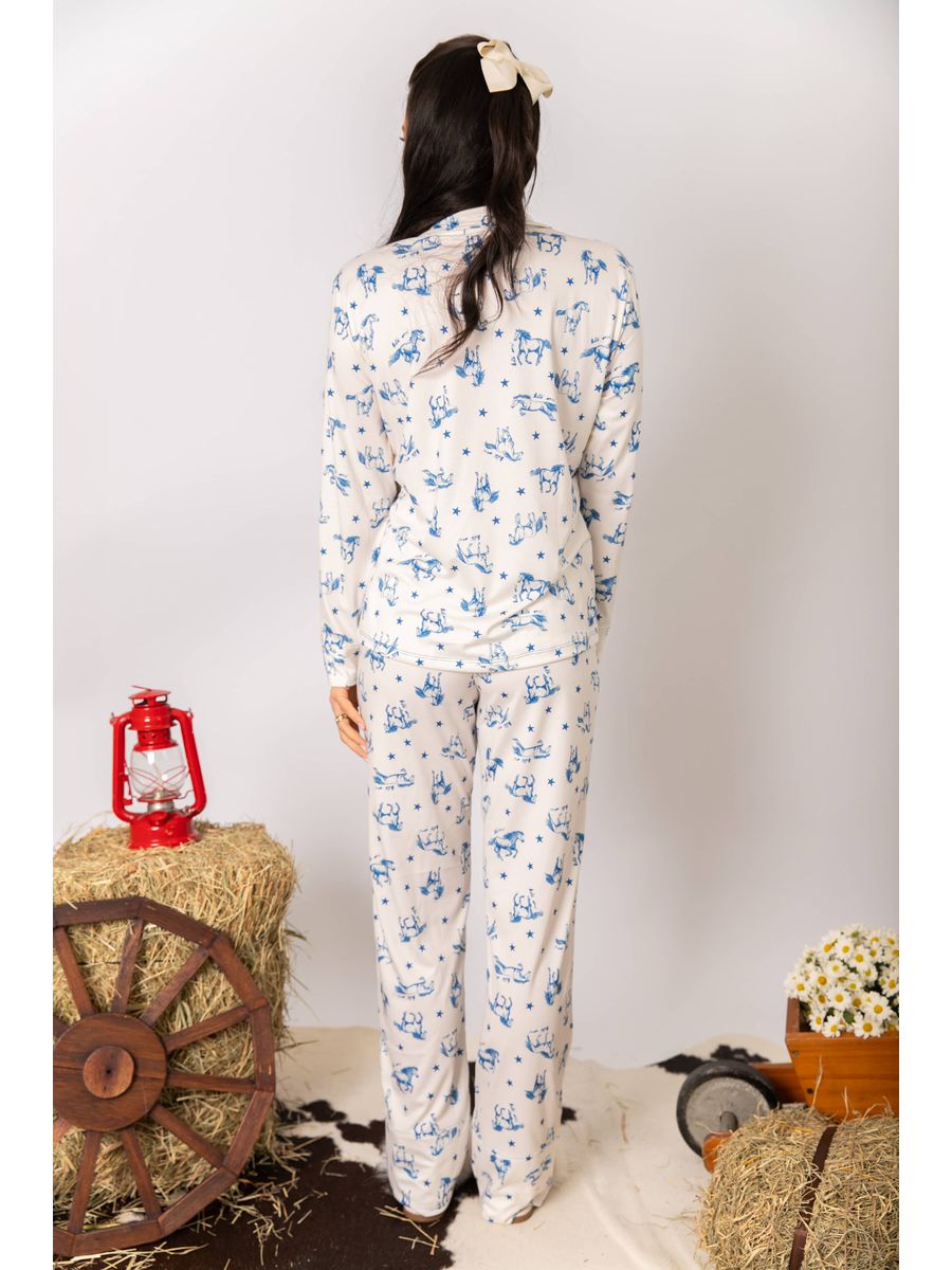 Pijama Feminino Americano Longo Cavalos Estrelas