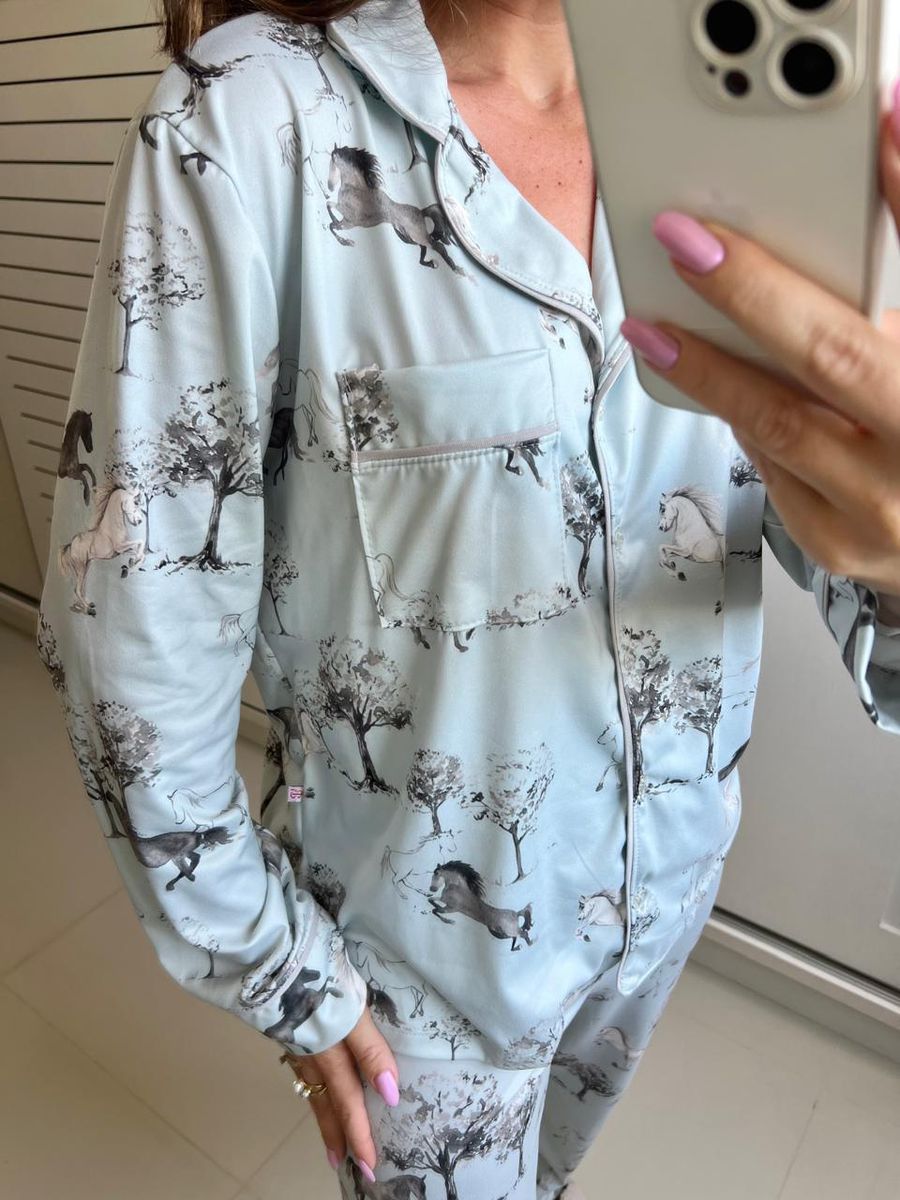 Pijama Feminino Americano Longo Cavalos Vintage